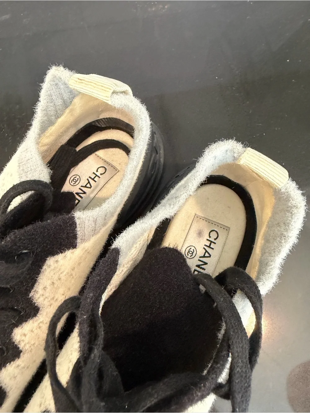 Chanel Women’s Knit Sneakers in Cream and Black